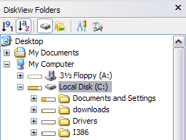 DiskView Folders pane showing relative folder sizes. The folders are sorted alphabetically